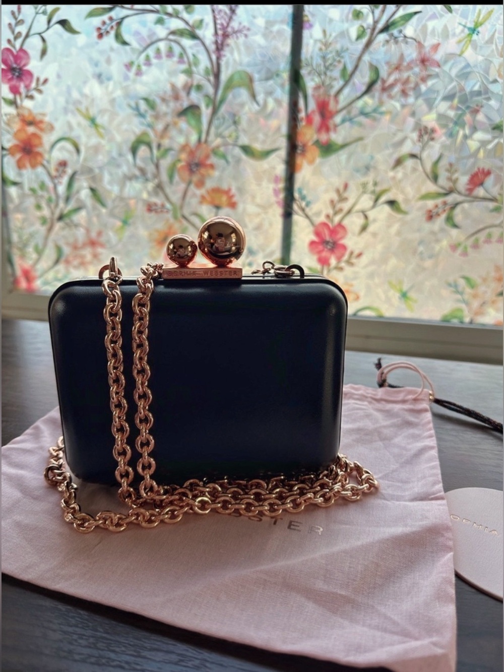 Sophia Webster Black Leather Rose Gold Chain Clutch Bag NWT